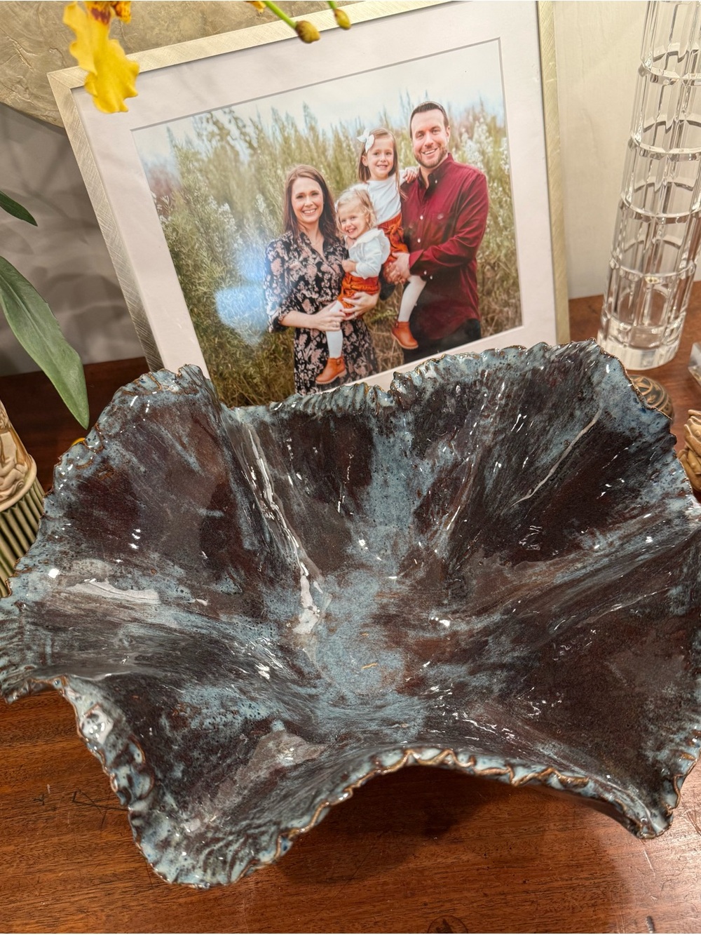 Large Handcrafted Ruffled Ceramic Bowl Centerpiece- Glazed in Blue Denim-14 x 6